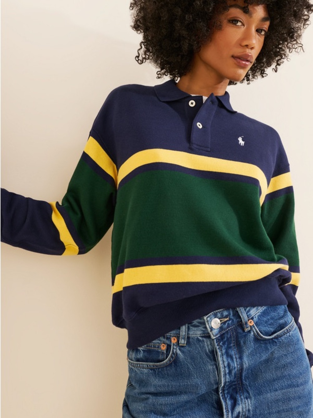 Polo by Ralph Lauren Navy, Green & Yellow Striped Rugby Sweater